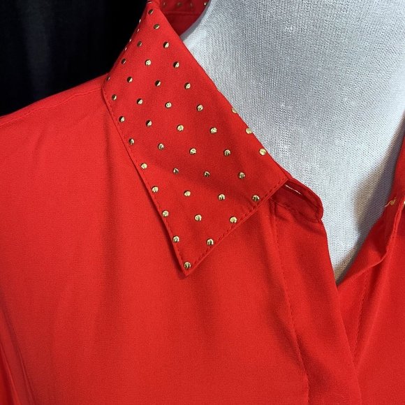 Rebecca Malone Red Blouse Hidden‎ Button Long Sleeve Gold Stud Collar Size XL - Picture 2 of 9